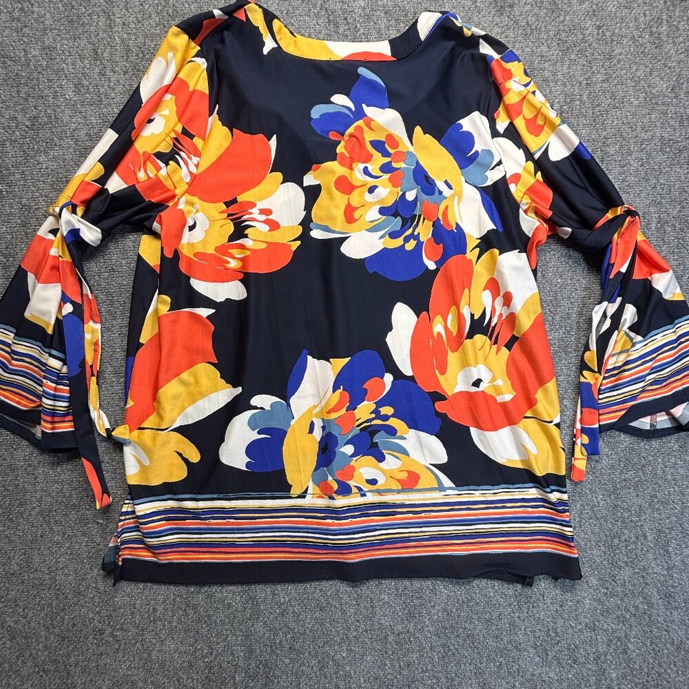 Melissa Paige Woman 1X Floral Tunic Top Tie Sleeve Split Neck Poly Stretch